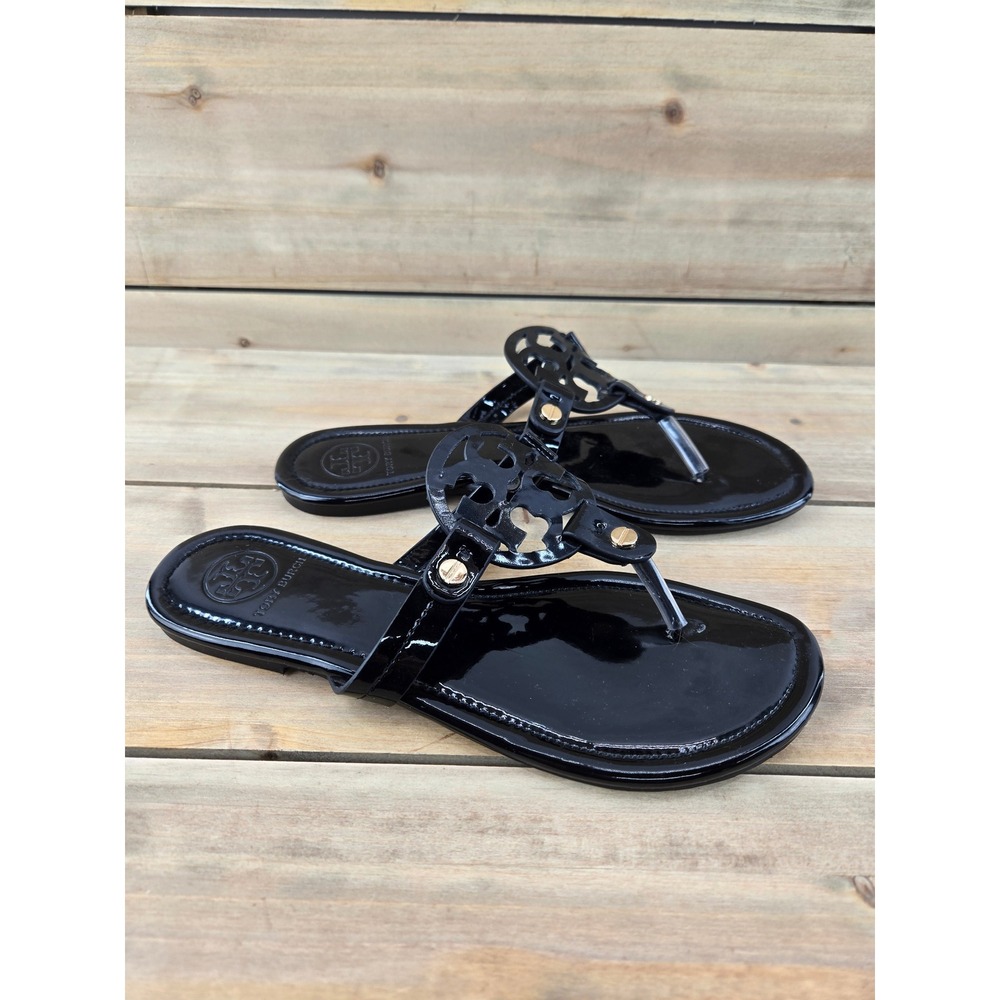 Tory Burch Miller Black Patent Leather Logo Thong Sandals Size 40 US 9 Gold